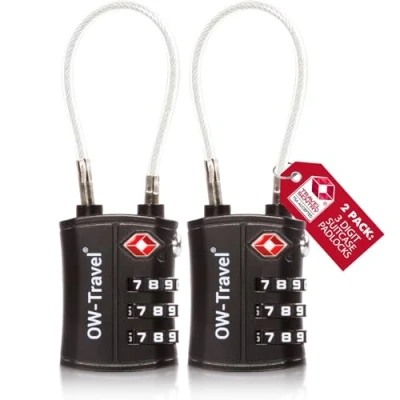 Image of TSA Approved Luggage Locks (2 Pack) OW Travel 3 Digit Heavy Duty Zinc Alloy Security Cable Padlock, Combination Padlocks, Code Lock for Suitcase, Zipper, Luggage, Bag, Case, Gym Locker (Black)