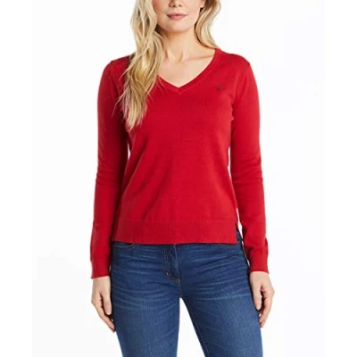 Image of Nautica Women&#039;s Effortless J Class Long Sleeve 100% Cotton V Neck Sweater Red, Small