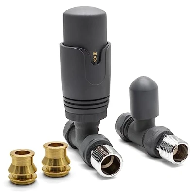 Image of Thermostatic TRV Straight Anthracite Radiator Valves 1/2&quot; x 15mm with Brass Reducer Compression Valve to 10mm