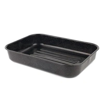 Image of Russell Hobbs CW11431 Deep Roasting Tin, Vitreous Enamel Coated Large Roaster, Oven Baking Dish, Roast Chicken Tray, Meal/Vegetables, Dishwasher Safe, Romano Collection, 42 cm, Black