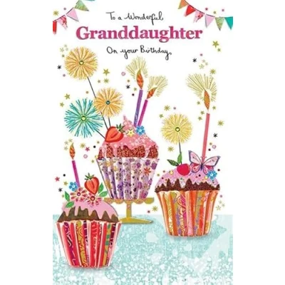 Image of Paper Rose Wonderful Granddaughter Birthday Card Cupcakes and Sparkler Candles with Foil Details Eco Friendly Recyclable