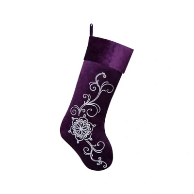 Image of Gireshome Purple Velvet Embroidered Body, Blingbling Printed Glitter Cuff Christmas Stocking 10&quot;x18&quot;