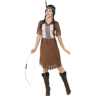 Image of Smiffys Native American Inspired Warrior Princess Costume, with Dress &amp; Headband, Cowboys and Indians Fancy Dress, Adult Up Costumes