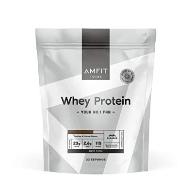 Image of Amazon Brand Amfit Nutrition Whey Protein Powder, Cookies &amp; Cream Flavour, 33 Servings, 1 kg