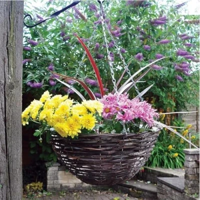 Image of Garden Mile® Various Sizes Artificial Hanging Baskets Floral Decorative Ornamental Outdoor Indoor Wall Mounted Chain Planter Basket Green Jute Wire Coco Liner (12&quot; Rattan Basket)