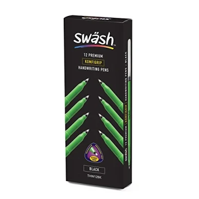 Image of Swash THW12BK Komfigrip Handwriting Pens, Triangular Grip Pen For Added Control, Premium Manuscript, Washable Ink Hand Writing Vibrant &amp; Durable Fibre Tip Black 12PK