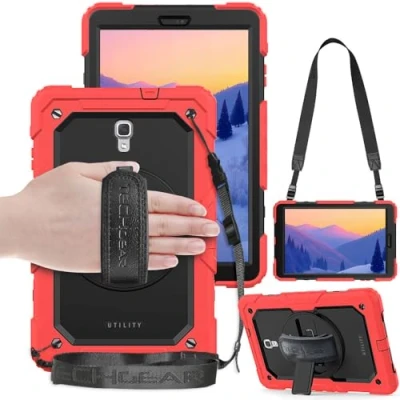 Image of TECHGEAR UTILITY Case fits Samsung Galaxy Tab A 10.5&quot; (SM T590 Series) Tough Rugged HEAVY DUTY Armour Shockproof Protect 360 Degree Rotating Stand, Hand Strap and Shoulder Red