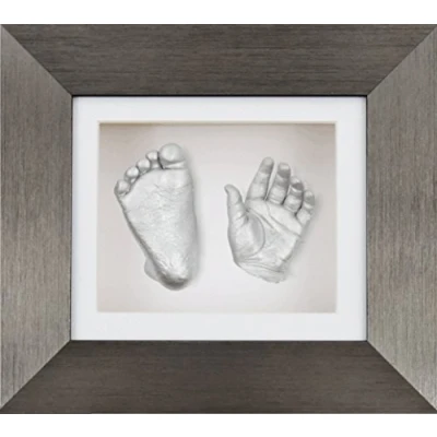 Image of BabyRice New Baby Casting Kit with 6x5&quot; Brushed Pewter 3D Box Display Frame/White Mount/White Backing/Silver Paint