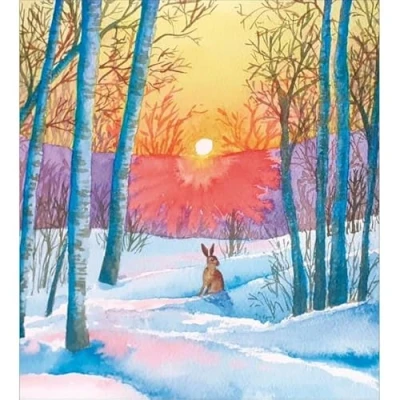 Image of Charity Christmas Cards Supporting Age UK, British Heart Foundation, Marie Curie and Mind Pack of 5 Winter Woodland Sunset Hare Made in the UK Eco Friendly