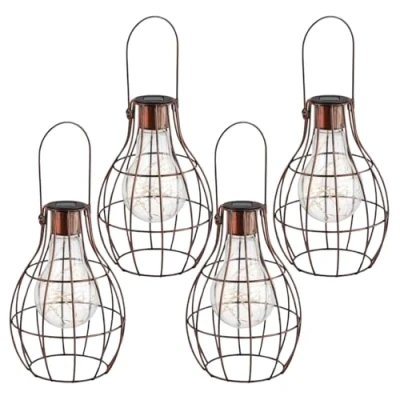 Image of Garden Mile Solar Powered Copper Hanging Firefly Lantern with LED Lights Patio Storm Table Centrepiece Window Display Piece Indoor Outdoor Lighting (Firefly, 4)