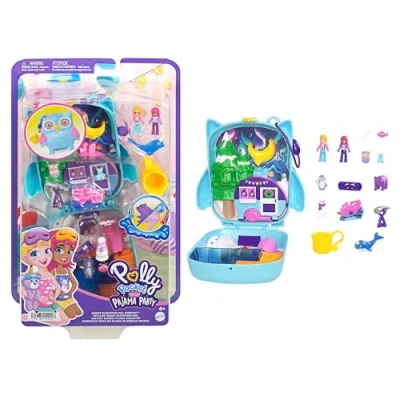 Image of Polly Pocket Dolls and Playset, Animal Toys, Pajama Party Snowy Sleepover Owl Compact Playset with Water Play 2 Color Change Pieces, HKV37