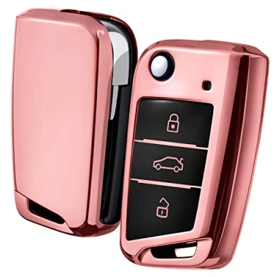 Image of OATSBASF Car Key Cover Compatible with VW,Car Case for VW Golf 7 Polo Skoda Seat TPU Silicone 3 Buttons Box (Rose Gold)
