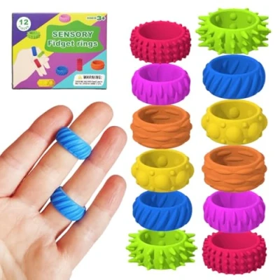 Image of Fidget Sensory Rings for Autism &amp; ADHD Anxiety Stress Relief Finger Toys Kids Adults 12 Pack Focus Stimulation Non Toxic, Durable, Portable Classroom Office Use