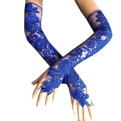 Image of LeJulyeekay Women Floral Lace Gloves for Wedding Party Evening Fingerless Gloves, Royal, One Size
