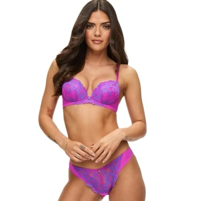 Image of Ann Summers Sexy Lace Padded Plunge Bra, A D Cup, Curve Enhancing Womens Underwear with Cups &amp; Underwire, Removable Mini Pads for Smaller Sizes, Adjustable Straps Pink/Blue Lingerie