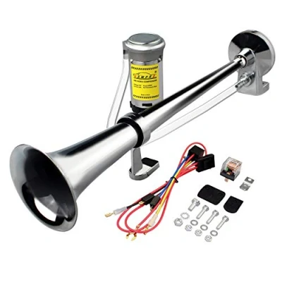 Image of GAMPRO 12V 150db Air Horn, 45cm Chrome Zinc Single Trumpet Truck Horn with Compressor for Any Vehicles Trucks Lorrys Trains Boats Cars (silver)