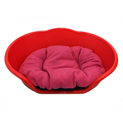 Image of KetoPlastics MEDIUM RED PLASTIC DOG BED WITH PINK CUSHION / HEAVY DUTY PET DOG/CAT/ANIMAL/SLEEP/BASKET MADE IN UK