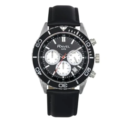 Image of Ravel Plus Men&#039;s 42mm Silver Tone Chronograph Sports Watch with Uni Directional Rotating Bezel 5ATM Japanese Analogue Quartz RP.CHR 005M Black/Black