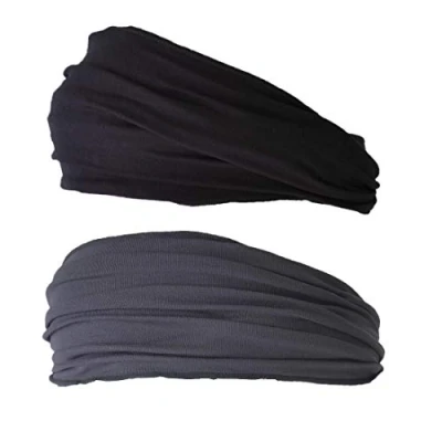 Image of CHARM Mens Elastic Japanese Headband Long Hair Bandana Womens Head Wrap Dreads Black &amp; Dark Gray 2 Pack