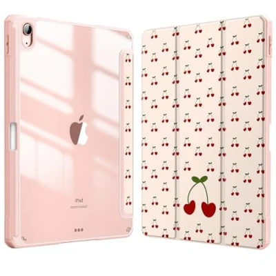 Image of FINTIE Hybrid Case for iPad Air 11 inch (2024) M2, 6th / 5th 4th Generation (2024/2022/2020), Shockproof Slim Clear Back Cover with Pencil Holder, Auto Wake/Sleep, Coquette Cherries