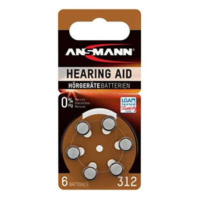 Image of Ansmann Hearing Aid Batteries [Pack of 6] Size 312 Brown Zinc Air Suitable for Aids, Sound Amplifier 1.45V Mercury