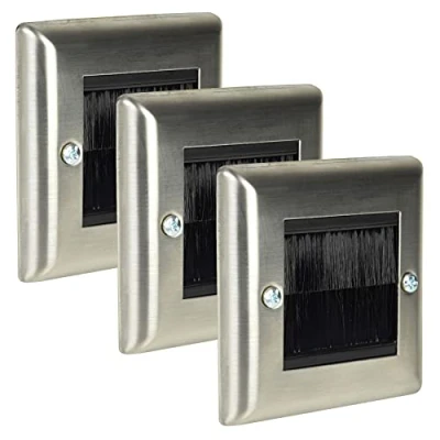 Image of Ex Pro 3 Pack Brush Wall Plate, Single Gang Steel Flush Mounted Faceplate for Outlets, Sockets and Tidy Wire Cable Silver