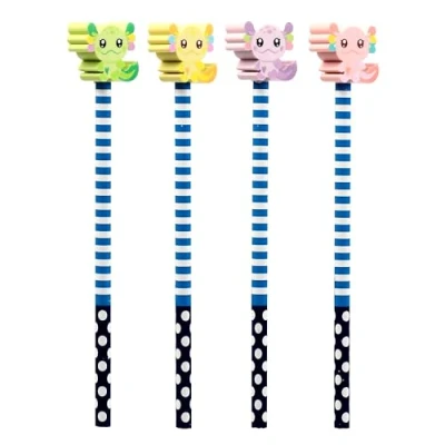 Image of Puckator Axolotl (Salamander) Pencil &amp; Eraser Topper Pencils with Rubbers Erasers Stationary Set for School Office Cute Back To Gifts