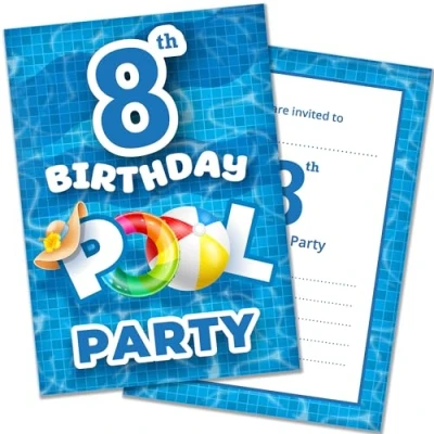 Image of Olivia Samuel Pack of 20 Pool Party 8th Birthday Invitations with Envelopes Ready to Write Designed and Printed in the UK