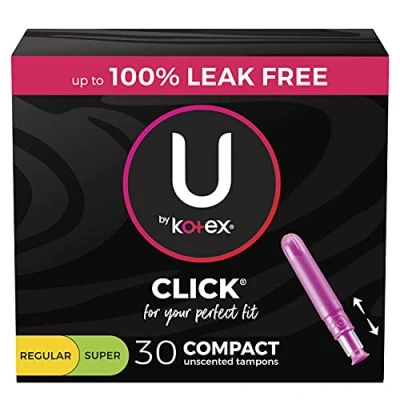 Image of U By Kotex Click Compact Tampons, Multipack, Regular/Super Absorbency, Unscented, 30Count (Packaging May Vary), 0.380 Lb