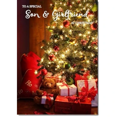 Image of doodlecards Son and Girlfriend Christmas Card Teddy by Tree Medium Size for &amp; with Plain Envelope