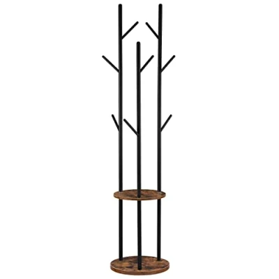 Image of HOOBRO Coat Stand, Rack for Hallway, Freestanding Stand with 8 Hooks, Storage Shelves, Hall Trees Clothes, Rustic Brown EBF33YM01