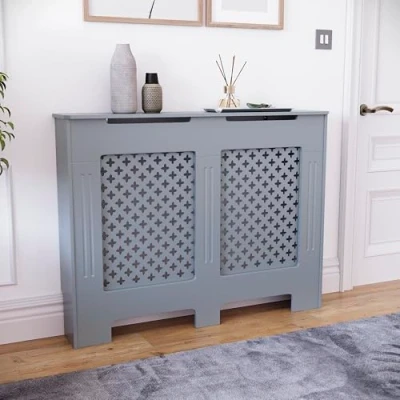 Image of Vida Designs Oxford Medium Dark Grey Radiator Cover Modern Slatted Heating Cabinet, Easy DIY Fit, Ideal for Living Room, Hallway or Bathroom