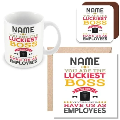 Image of MUGGZ Personalised Novelty Funny Gift for Boss You are The Luckiest in World Mug, Card &amp; Coaster Giftset Made UK