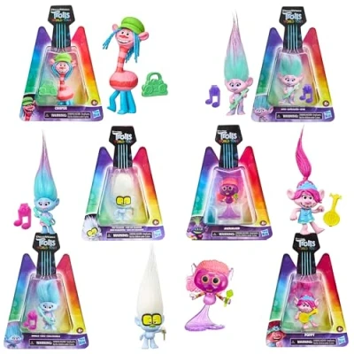 Image of DREAMWORKS TROLLS World Tour Miniature Figure with Musical Accessory Pack of 6 Poppy, Cooper, Tiny Diamond, Satin, Chenille, &amp; Mermaid
