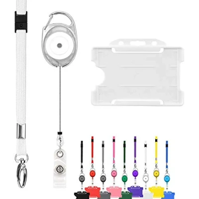 Image of Retractable Lanyard and Badge Holder Trio Triple Pack by LanyardsTomorrow Set Includes A Single Plain Lanyard, Extendable Carabiner Yoyo Reel Clip Rigid ID Card (White)