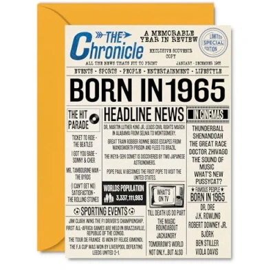 Image of 59th Birthday Cards for Women Men Born In 1965 Newspaper Happy 59 Card Dad Mum Aunt Uncle Vintage Retro Back 1965, A5 Fifty Nine Ninth Bday Greeting