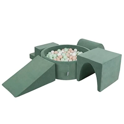 Image of KiddyMoon Foam Playground Velvet For Kids With Round Ballpit (300 Balls ∅ 7Cm/2.75In) Soft Obstacles Course And Ball Pool, Forest Green:Pastel Beige/White/Mint