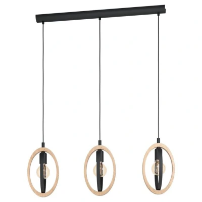 Image of EGLO pendant lamp Basildon, 3 light hanging vintage, industrial, retro, made of steel and wood in black, natural, dining table lamp, living room with E27 socket, L 78 cm