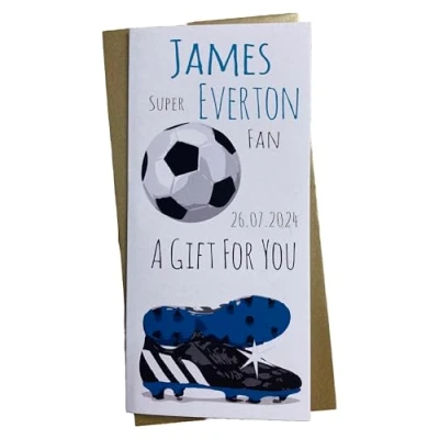 Image of WHITE COTTON CARDS 1 X PERSONALISED BIRTHDAY MONEY WALLET Everton The Blues FC Football Club (P WBW F6)