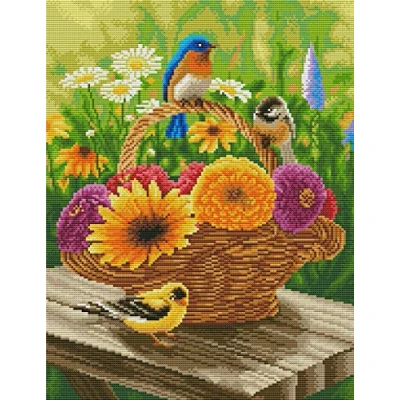 Image of Abillyn Embroidery Cross Stitch Kits Colorful Flowers Basket and Birds Stamped with Printed Pattern Starter Kit (Birds)