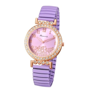 Image of JewelryWe Cubic Zirconia Elastic Watches: Easy Reader Round Analog Quartz Colorful Stretch Band Wristwatch