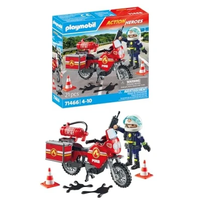 Image of Playmobil 71466 Action Heroes: Motorcycle &amp; Oil Spill Incident, with a radio and fire extinguisher, fun imaginative role play, realistic play sets suitable for children ages 4+