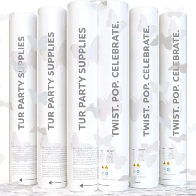 Image of 6 Pack White Butterfly Wedding Confetti Cannon Poppers Biodegradable TUR Party Supplies Up to 25ft Giant (12) for Weddings, Birthdays, and Graduations