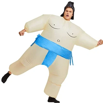 Image of Rafalacy Inflatable Sumo Wrestler Costume Suit Unisex Blow up Party Fat Funny Halloween Adult/Kids Cosplay Fancy Dress Outfit… (Blue Sumo)