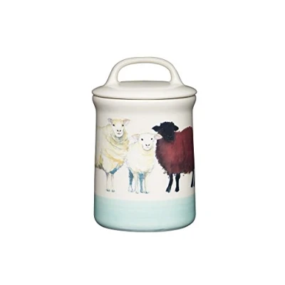 Image of KitchenCraft Apple Farm Hand Finished &#039;Sally Sheep&#039; Ceramic Airtight Storage Jar, 10.5 x 17.5 cm (4&quot; 7&quot;) Cream / Green
