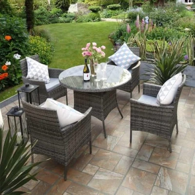 Image of RayGar 5pcs Rattan Dining Set Garden Patio Furniture 4 Chairs &amp; Round Table Grey