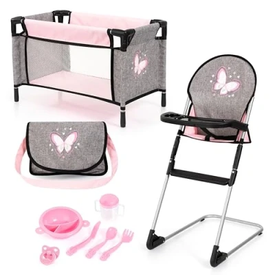 Image of Bayer 9 in 1 Travel Doll Accessories Bed Set with High Chair Complete Baby Cot Play Mat, Feeding &amp; Storage Bag for 46cm Dolls Role Birthday Gifts Girls, Boys