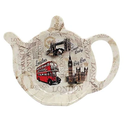 Image of London Scenic Red Bus Big Ben Bridge Pattern Teapot Shape Teabag Tidy Holder Kitchen Hygiene Melamine 13x10x2cm
