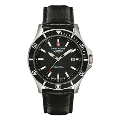 Image of Swiss Alpine Military Men&#039;s Watch Analogue Quartz 7022.1 Leather, Black/Steel/Black 1537sam, Strap.