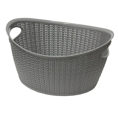 Image of JVL Knit Design Loop Plastic Small Oval Storage Basket with Handles, Grey, 29 x 35 18.5 cm, 9 Litres